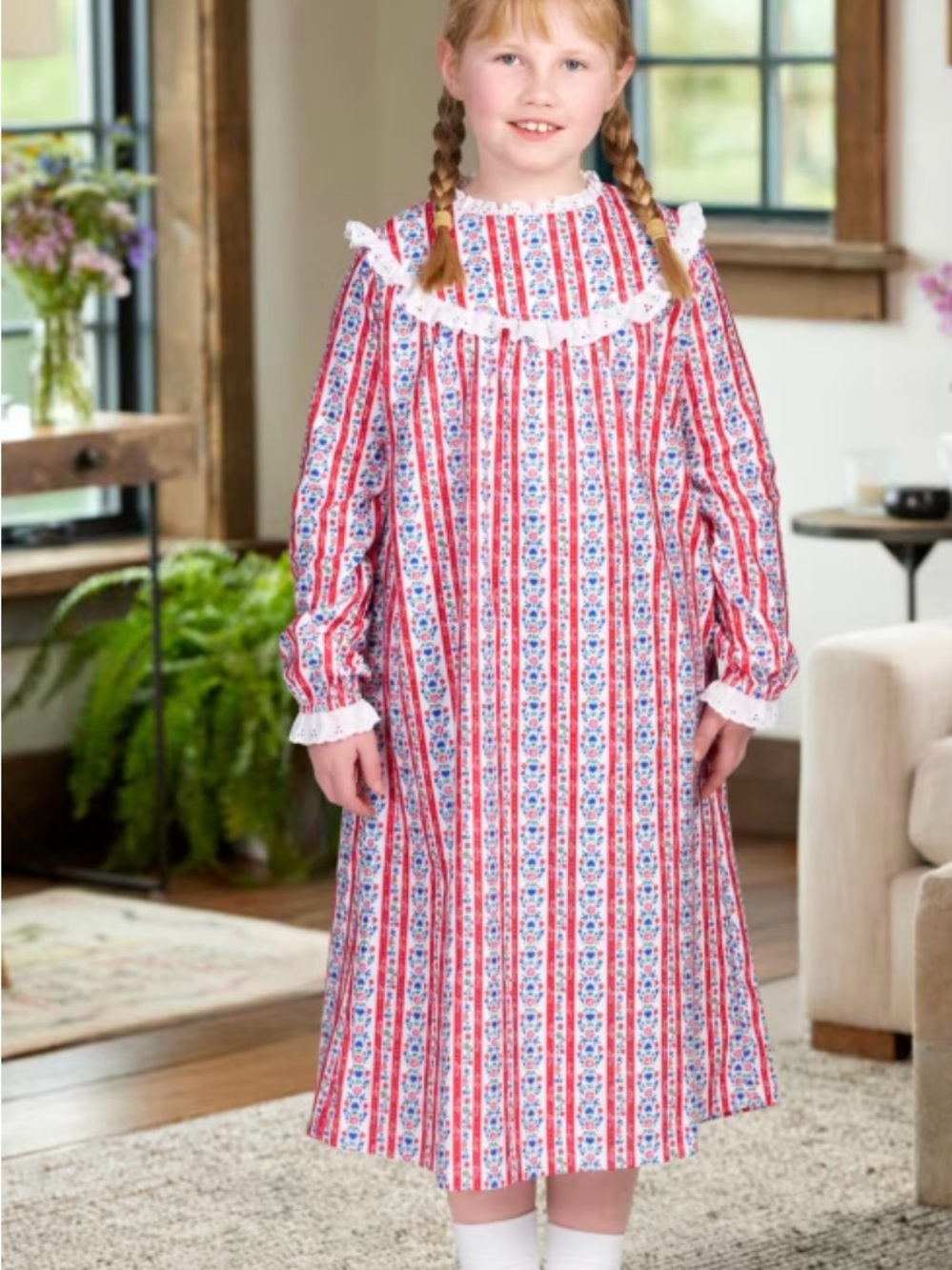 Girls Red Floral Stripe Long-Sleeve Nightgown with Lace Yoke